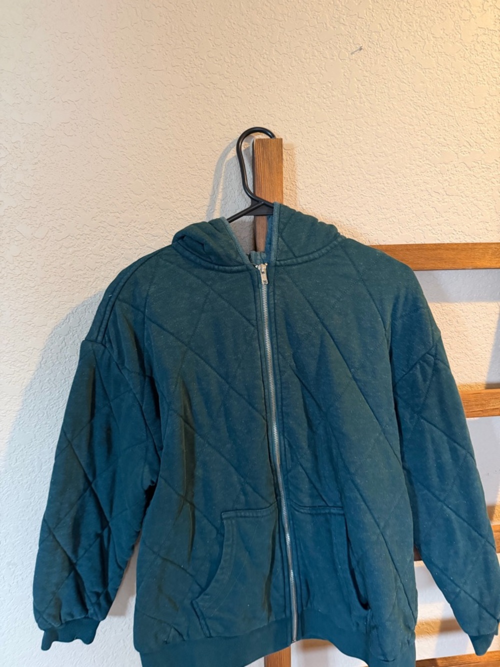 Thick Teal Quilted Zip-Up Hoodie Jacket
